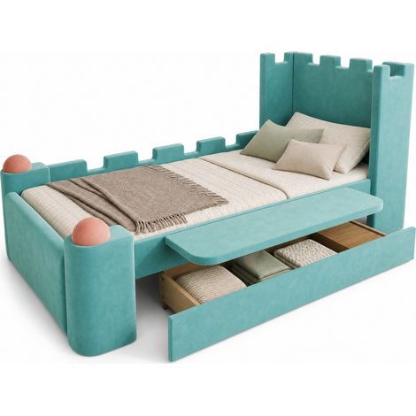 Kinderbett Einzelbett Burg mit Klappablage und Stauraumschublade, 90 x 200 cm, Ohne Matratze (1/5)