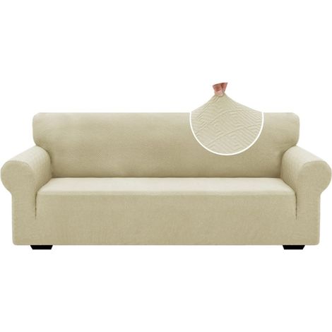 Housse De Canapé 3 Places avec Accoudoirs, Universelle Housse Canapé Extensible, Protection Griffures Sofa Cover, Beige Clair (1/4)