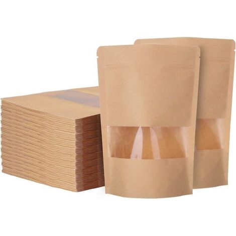 Lot de 200 sachets kraft alimentaire avec fenêtre 14x20cm – Sachets zip réutilisables – Imperméables pour stockage noix et aliments secs (1/5)