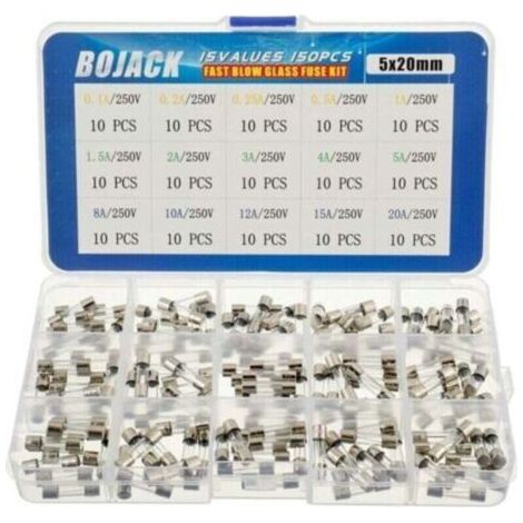 15 Valeurs Assortiment de fusibles en verre avec raccord rapide 150pcs 5x20mm 250V 0,1 0,2 0,25 0,5 1 1,5 2 3 4 5 8 10 12 15 20A Conditionnement en boite plastique transparente