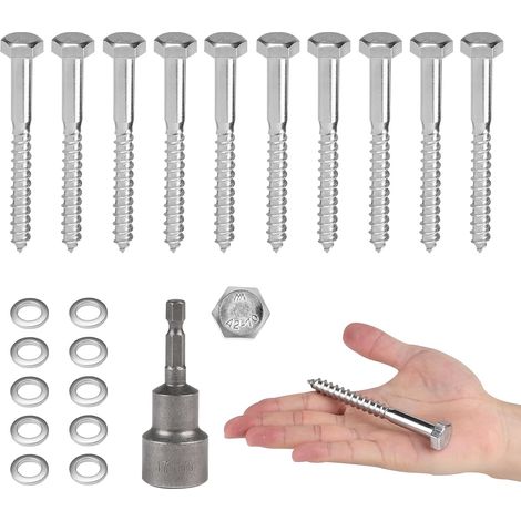 10 PCS Vis Tire-Fond Avancées Tête Hexagonale M10 x 50 mm Inox AISI 304 (A2), Tirefond Beton avec Rondelles et Clé à Six Pans, Vis à Bois Tête Hexagonale Autoperceuse, pour Assembler le Bois