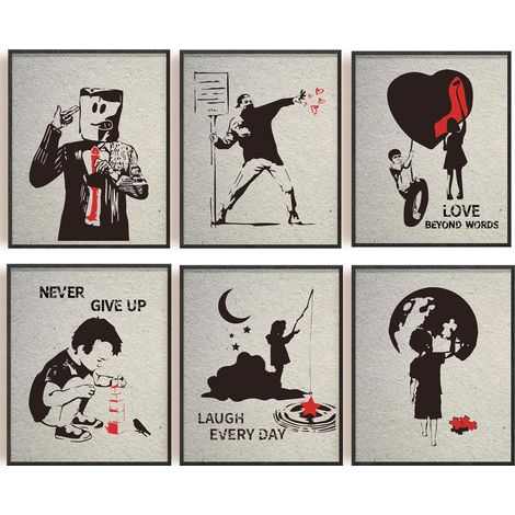 Lot de 6 toiles murales de Banksy Banksy Street Graffiti Art mural moderne avec citations inspirantes pour chambre à coucher, salon, dortoir, sans cadre, 20,3 x 25,4 cm
