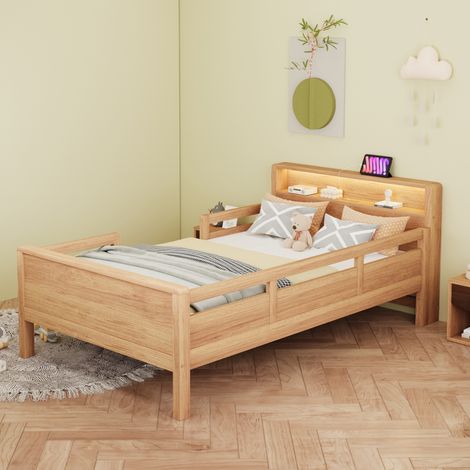 Lit enfant en pin 90 x 200 cm avec LED, prise USB-C, tête de lit avec rangement, bois naturel (1/5)
