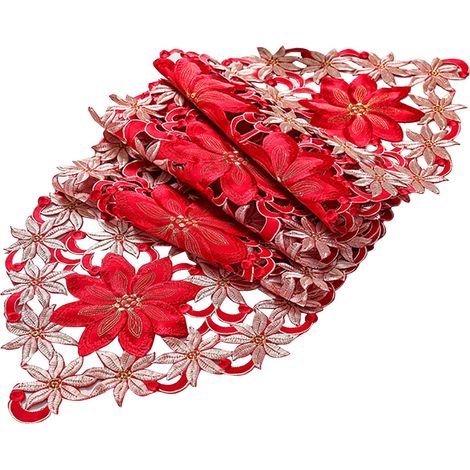 Runner De Table De Noël - Brodé Poinsettia Et Houx - 38 X 176 Cm - Pour Décoration De Table De Fête - 1 Pièce (1/5)