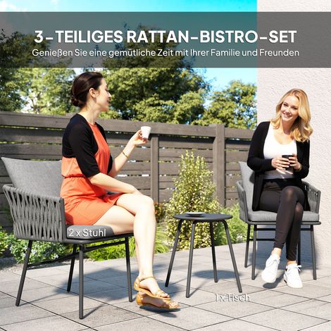 Ensemble de salon de jardin 3 pièces, 2 fauteuils, 1 table bistrot, rotin résine tressé, cadre acier, plateau métal, 4 coussins, gris
