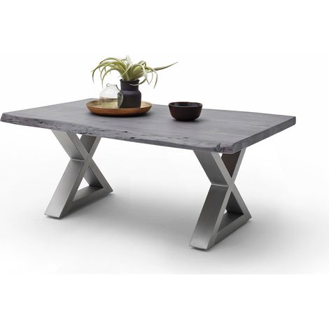 Table basse en acacia gris et acier chromé avec pietement en X (1/3)