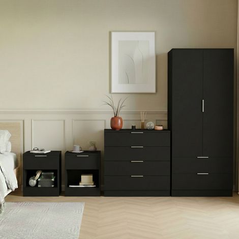 Trega 4pc Bedroom Furniture Unit – 2x Bedside, 4 Drawer Chest & 2 Door Wardrobe, Black