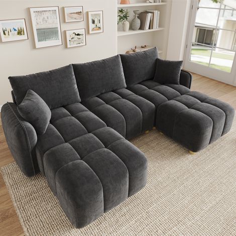 Canapé d’angle modulable 5 places avec méridienne coffre de rangement et coussins en chenille gris 219x136x84 cm (1/5)