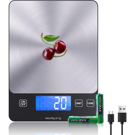 [Wiederaufladbar & 15 kg] Digitale Küchenwaage, elektronische Küchenwaage USB C, hochpräzise Lebensmittelwaage 1 g / 0,1 OZ, professionelle Hartfunktion, Batterie im Lieferumfang enthalten