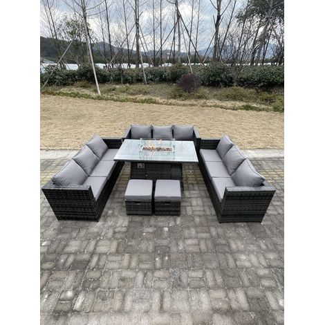 Fimous 11 Sitzer Outdoor Rattan Gartensofa Set Gartenmöbel Gas Feuerstelle Tisch Set Esstisch mit Hockern Dunkelgrau Gemischt (1/4)