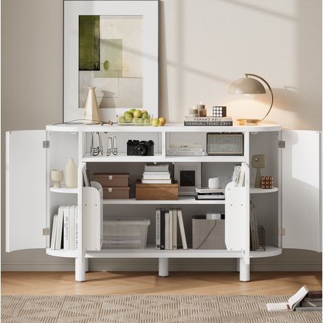 Sideboard MDF Weiß 120 x 38 x 77 cm mit 2 Türen, offenem Rundbogenfach, verstellbaren Böden und Stellfüßen (1/5)