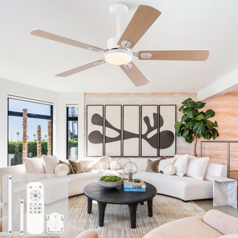 52-Zoll Deckenventilator mit Licht, zweiseitige Sperrholzflügel weiß/Naturholz, Fernbedienung (1/5)