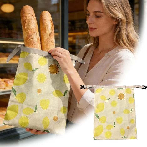 Sacs à pain extra larges en cire d'abeille (conçus pour le pain - lot de 2, motif citron) - Sacs de rangement réutilisables, 100 % coton