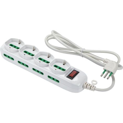 FANTON 474184 Multipresa TRIAX 4 prese bipasso-schuko, 8 prese bipasso, cavo 1,5m, spina a squadra 10A + interruttore di sicurezza, colore bianco (1/4)