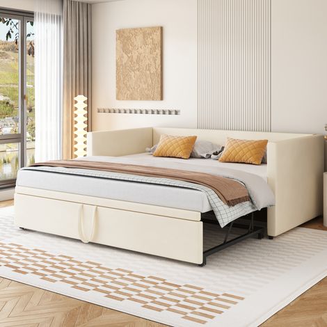 Divano letto imbottito in velluto beige 90x200 cm estraibile 180x200 cm con rete a doghe inclusa (1/4)