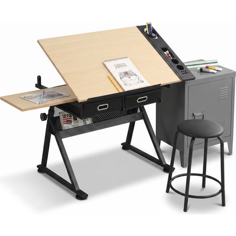 FurnitureR Zeichentisch Set höhenverstellbar mit Metallschrank multifunktionaler Schreibtisch neigbare Tischplatte 0-75 Grad Stauraum Arbeitsstation Home Office Ahornfarbe Grau