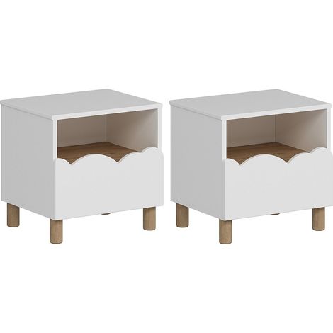 Lot de 2 tables de chevet avec 1 tiroir et 1 niche – Blanc et naturel – NUBORELA