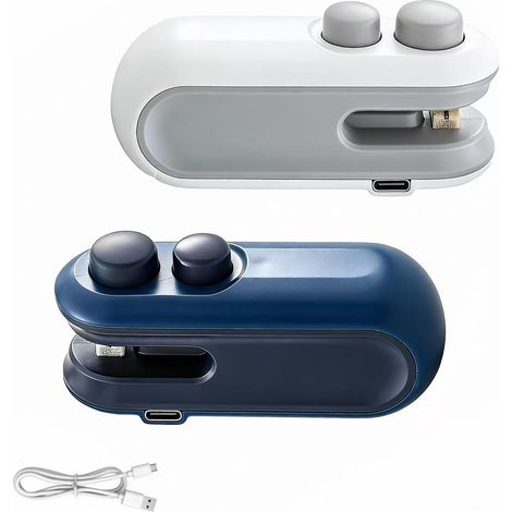 Scelleuse À Sachets - 2 Pièces - Fonction Double Scellage Et Découpe - Rechargeable - Portable - Pour Sachets Alimentaires En Plastique - Blanc Et Bleu (1/5)