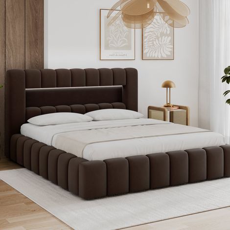 Cama con cajón 140x200 somier y LED incluidos Auria Terciopelo Marrón oscuro (1/5)