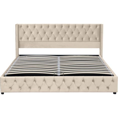Lit coffre rembourré 160x200 velours beige - tête oreille, sommier inclus, double rangée de rivets, capacité 300 kg