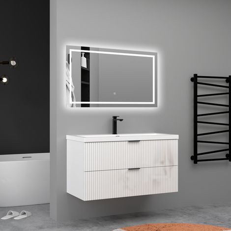 AICA Meuble de salle de bain suspendu Strié Brillant 100cm avec simple vasque + 2 tiroirs, Blanc (1/5)