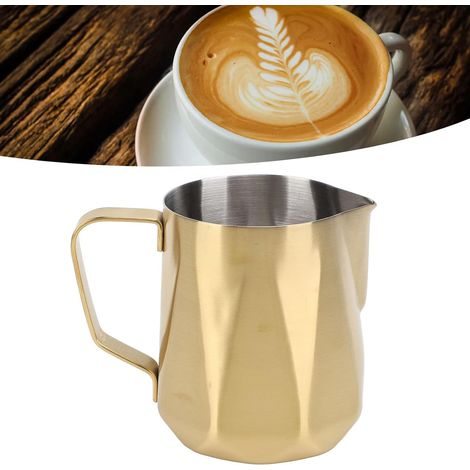 Pichet à mousse de lait, tasse en acier inoxydable 304 avec double échelle de mesure pour tasse à mousseur à lait Latte Art pour la préparation du café (350ml Gold Plated) (1/5)