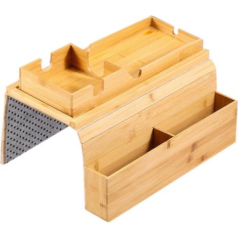 Porte-gobelet en bois pour canapé avec poches de rangement latérales, plateau de rangement multifonctionnel pour accoudoir de canapé, plateau d'accoudoir de canapé antidérapant et pratique. (1/5)