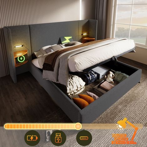 Lit double 180x200 rembourré lin gris avec tables de chevet, lampe et charge USB-C, sommier inclus (sans matelas) (1/5)