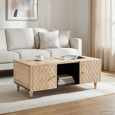 Table basse avec rangement en bois de manguier massif, sculptée à la main, 100 x 54 x 40 cm - PANGIVO (1/5)