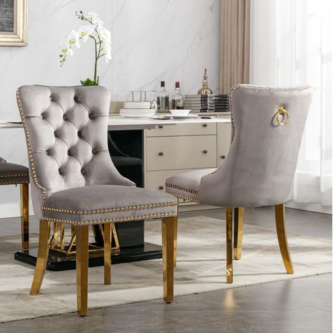 Sedia da pranzo in velluto grigio con schienale alto e gambe in legno massiccio,65×50×95cm (1/5)