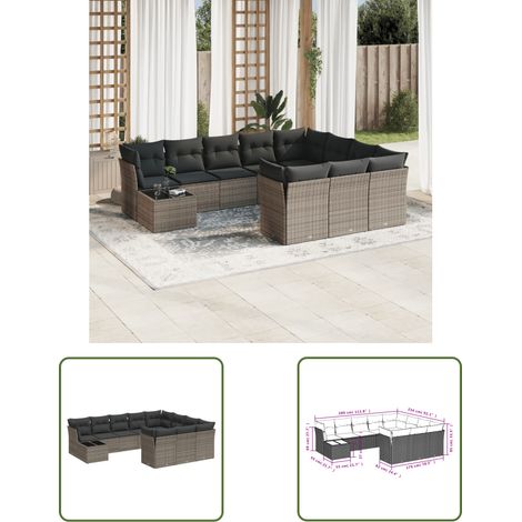The Living Store 11-tlg. Garten-Sofagarnitur mit Kissen Grau Poly Rattan - Gartenmöbel Set - PE-Rattan Möbel - Outdoor Sofa - Esstisch - Lounge Garnitur (1/3)