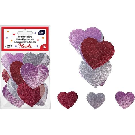 Adesivi autoadesivi in schiuma glitterata. Cuori, 16 pezzi