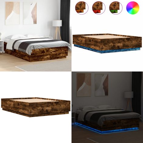 Cadre de lit avec LED sans matelas chêne fumé 140x200 cm - Cadre De Lit - Lit Double - Éclairage Led - Luminaire - Meuble Chambre - Home & Living (1/5)