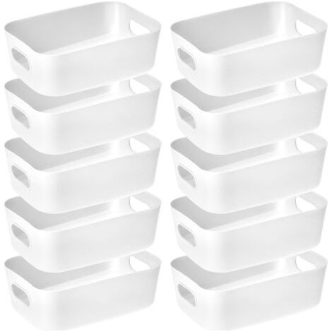 Lot de 10 boîtes de rangement en plastique blanc avec poignée (20,5 x 14 x 7 cm), empilables, idéales pour la maison, le bureau et l'école. (1/5)