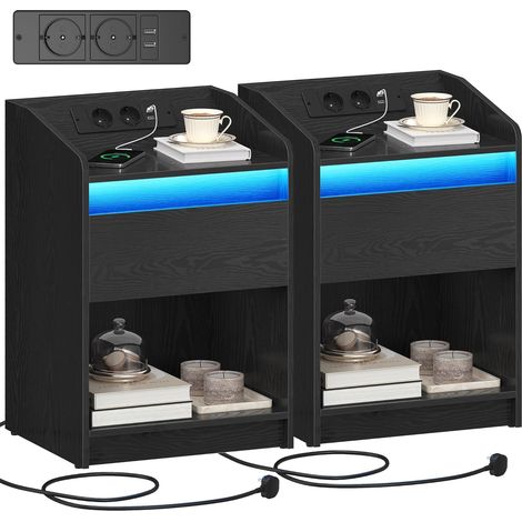 Lot de 2 tables de nuit avec éclairage LED – Station de chargement inclinée – 2 ports USB – Tiroir et rangement noir – Dimensions 35x40x58cm (1/5)