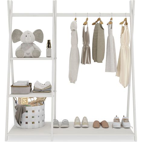 Idimex – Penderie enfant Lotte blanche – Armoire compacte en pin massif – 3 étagères et barre penderie – Dimensions 115 x 108 x 47 cm