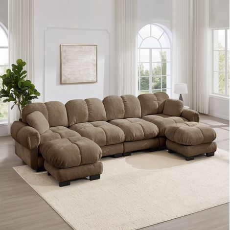 Divano angolare modulare a 4 posti in tessuto ciniglia, design elegante, cuscini ergonomici spessi, facile da montare, dimensioni soggiorno 330×149×90 cm, 2 poggiapiedi, marrone (1/5)