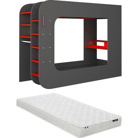 Lit mezzanine gamer 90 x 200 cm - Avec bureau et rangements - Avec LEDs - Anthracite et rouge + matelas - WARRIOR (1/5)