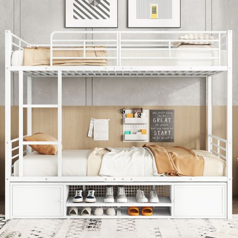 CHICFURN Litera infantil 90x200 cm de metal blanco con escalera lateral y almacenaje (1/5)
