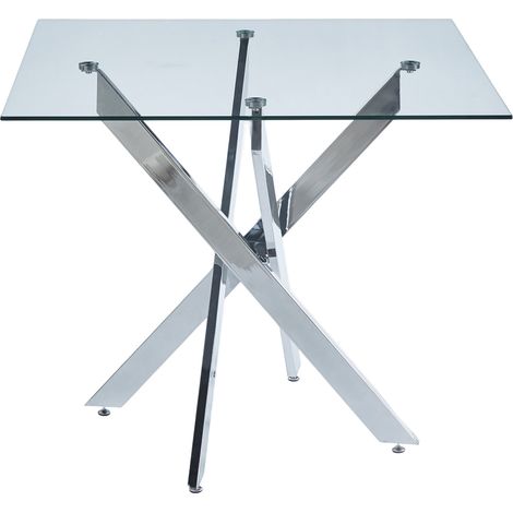 Table à manger carrée en verre et métal, compacte gain de place pour cuisine ou salon, pieds croisés argentés, 80 x 80 x 75 cm, style moderne – CHICFURN (1/5)