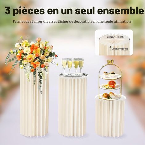 Lot de 3 supports de fleurs en carton - Rond - Pour mariage - Colonnes décoratives - Pliable - Capacité de charge : 50 kg - Blanc - 40 cm - 60 cm - 80 cm (1/5)