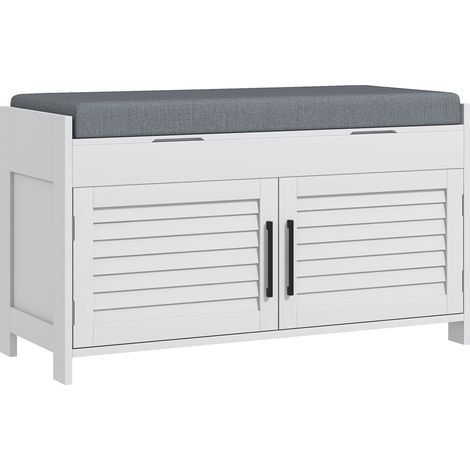 Panca Scarpiera con Ripiano Interno Regolabile su 6 Livelli, in MDF e Simil Lino, 90x36x50 cm, Bianco e Grigio