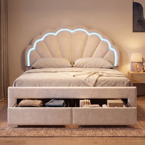 Lit simple 140x200 cm, lit enfant avec LED RGB et 2 tiroirs de rangement, tête de lit coquillage réglable et sommier, Velours, Blanc