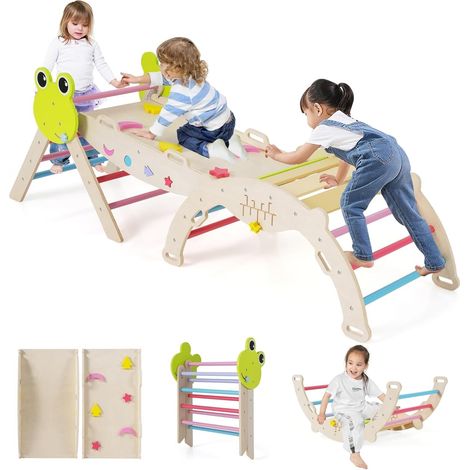 COSTWAY 7 in 1 Set da Arrampicata per Bambini, Giocattoli da Arrampicata in Legno con Rampa Scala e Arco, Gioco del Labirinto, Giochi Montessori per Bambini 1 Anni + (Rana 3 pezzi, Colorato)