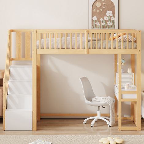 Lit surélevé 90x200 blanc, avec table multifonction et escalier de rangement sécurisé, cadre en pin massif pour enfants et adolescents