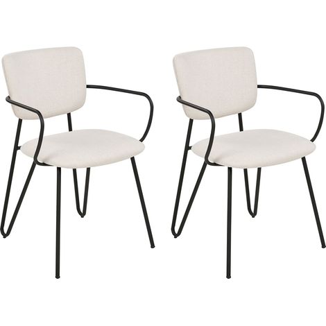 Set di 2 sedie da pranzo moderne Seduta imbottita strutturale in tessuto Schienale curvo senza braccia Gambe nere Bianco Crema Elko