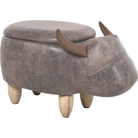 Stool Vache - Ottoman Vachette - Ottoman Taureau Trunk of Storage 2 in 1 - Feet Wood of rubberwood coating synthetic Appearance Daim Aging Brown (1/5)