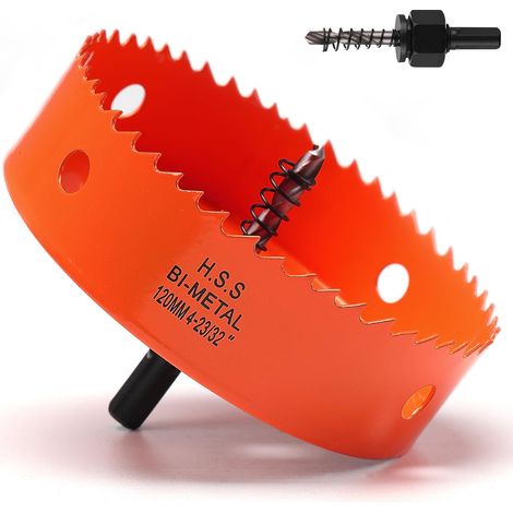 Scie cloche bimétallique de 120 mm, couleur orange, acier rapide HSS M42, scie perforatrice bimétallique, fraise à trou avec tige hexagonale et foret avec une profondeur de coupe de 35 mm (1/5)