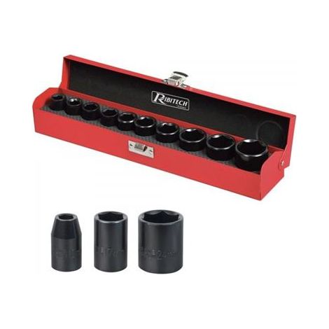 Ribitech – Coffret métal de 10 douilles à choc 38mm – Dureté HRC 42-48 – Emmanchement 1/2' – Dimensions 10 à 27mm