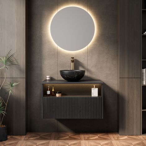 Waschtischunterschrank mit Keramikbecken (80x46x60.8 cm), Sensor LED, Soft Close, Schwarz (1/5)